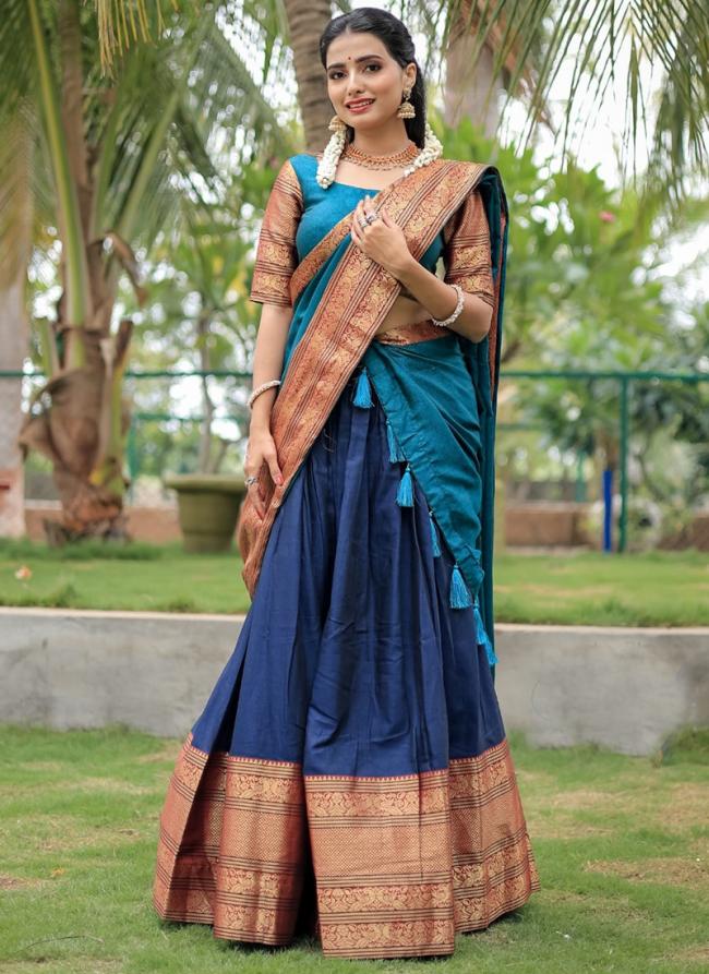 Narayan Pet Cotton Teal Blue Festival Wear Weaving Work Readymade Lehenga Choli